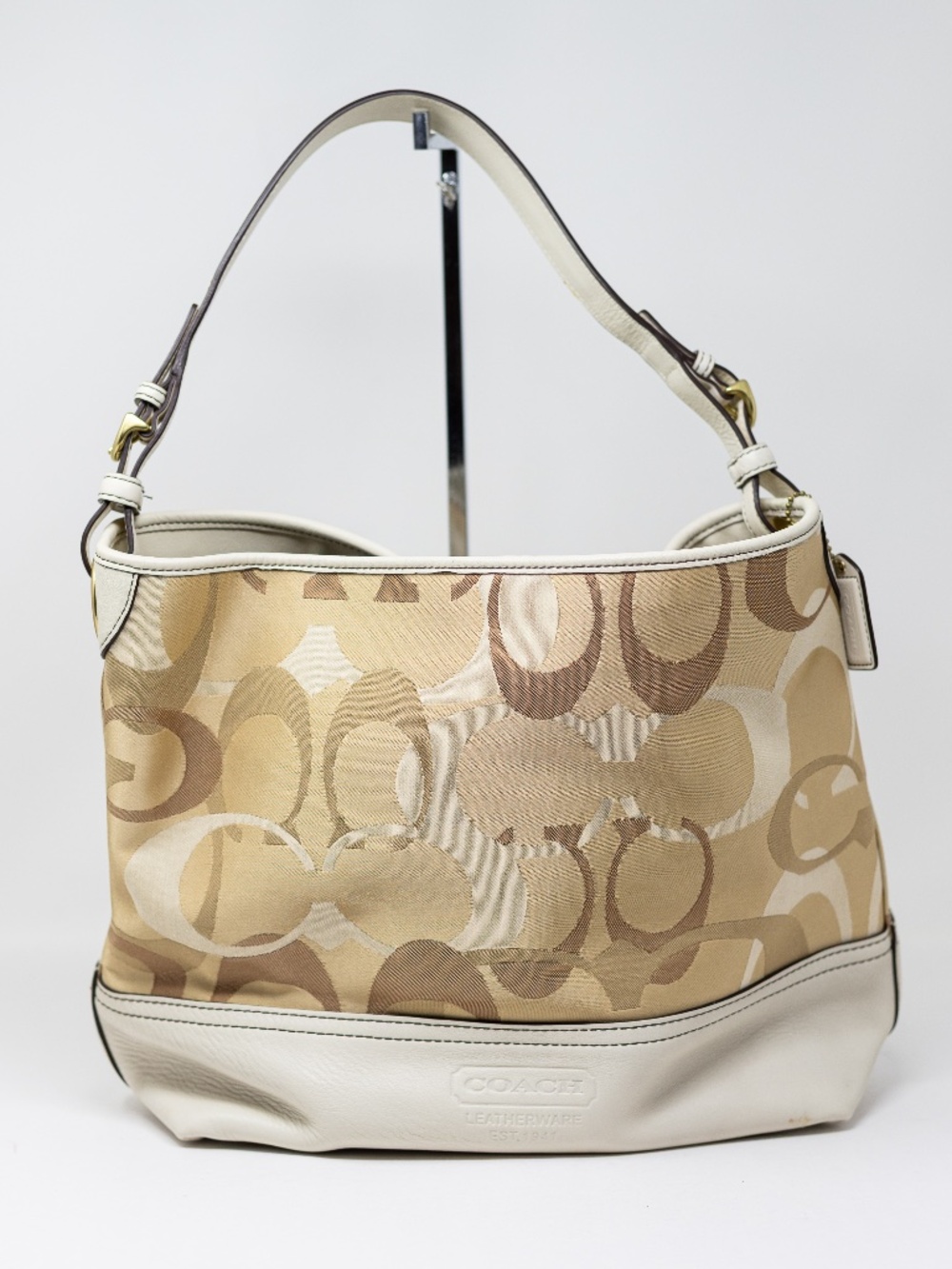 Coach Canvas Genuine Leather Trim Opctic Logo Print Pattern Shoulder Purse Bag
